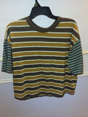 BDG Stripe Boyfriend Cropped Boxy Tee in Brown Teal Yellow Oversized Size S NWT